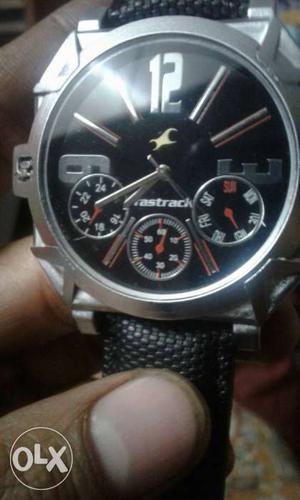 Round Silver Fastrack Chronograph Watch With Black Leather