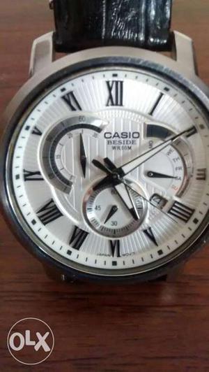 Silver And White Casio Chronograph Watch With Black Leather