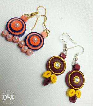 Two Orange, Brown, Blue And Yellow Hook Earrings