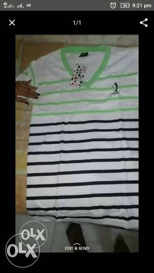 White Black And Green Striped V-neck t-shirt