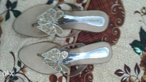 Women's Beige-and-silver Heeled Sandals
