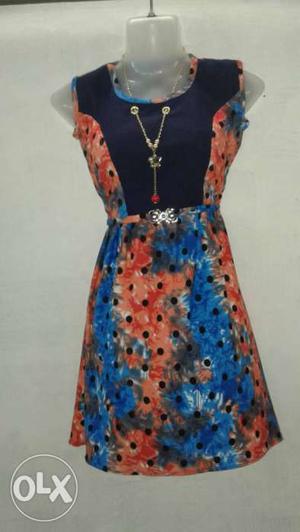 Women's Black, Blue And Orange Sleeveless Dress