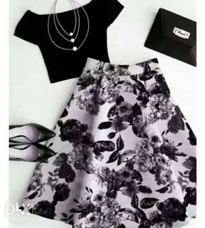Women's Black Crop Top Shirt, Black And White Floral A Line