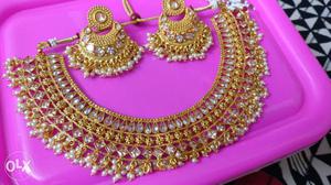 Women's Gold Bib Necklace And Earrings