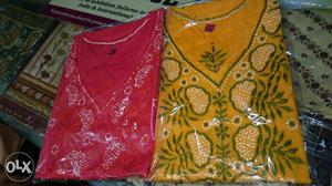 Women's Red-and-silver With Yellow-and-green V Neck Dresses