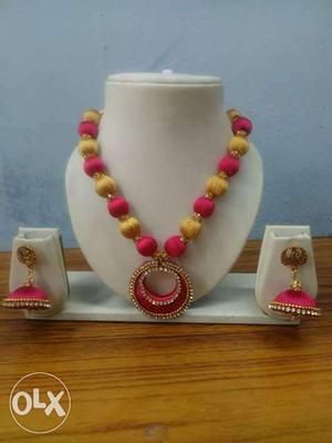 Women's Yellow And Pink Silky Necklace With Jhumkas Earrings