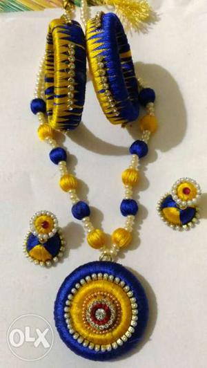 Yellow-and-blue Silk Thread Necklace And Earrings Set