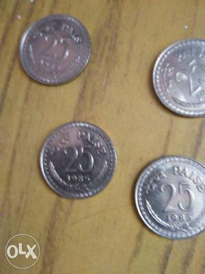 Four Round Silver 25 Paise Indian Coins