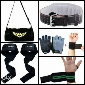 All gym eqipments belt gloves strpas etc