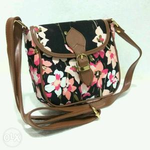 Black And Red Floral Leather Sling Bag