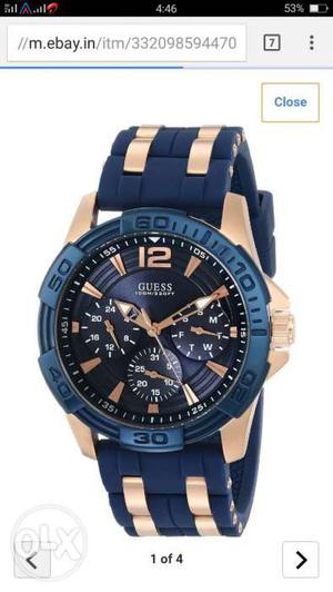 Blue Round Framed Black Chronograph Guess Watch With Blue
