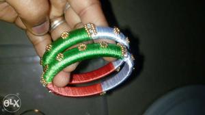 Green, Gray And Red Silk Thread Bangles
