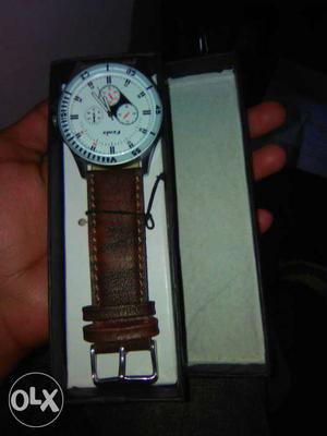 Silver Round Chronograph Watch With Brown Leather Strap In