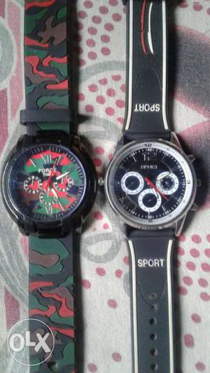 Two Round Black And Green Chronograph Watch With Straps