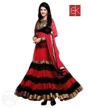 Women's Red Black And Gray Sari
