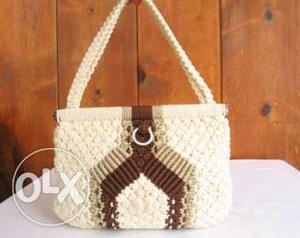 Women's White-and-brown Crochet Tote Bag