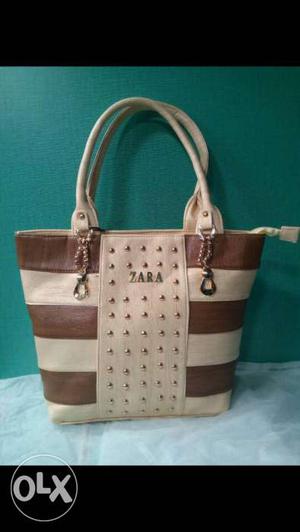 Beige And Brown Leather Zara Tote Bag