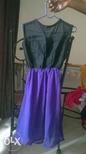 Black And Purple Illusion Neckline Sleeveless Mini Dress