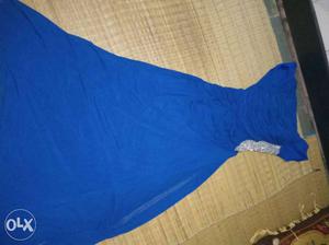 Blue And Silver Glittered Scoop Neck Cap Sleeve Gown