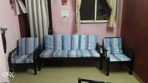 Blue And White Striped Linen Futon And Two Armchairs