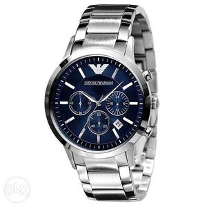 Blue Emporio Armani Round Chronograph Watch With Link