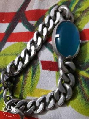 Blue Oval Gemstone Silver Cuban Chain Bracelet