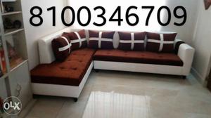 Brown And White Suede Tufted Sectional Sofa