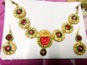 Gold, Red And Green Necklace And Hook Earrings