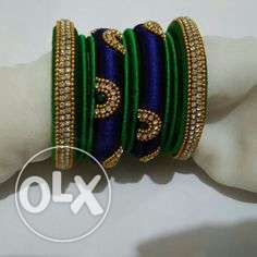 Green, Blue, And Gold-colored Silk Thread Bangles