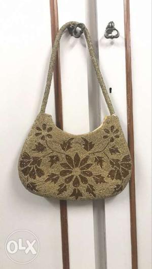 Grey And Brown Floral Baguette Bag