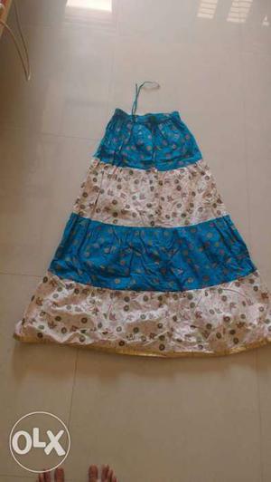 Long Blue and White Skirt with golden embroidery.