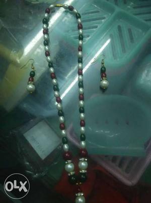 New White, Green, And Red Beaded Necklace And Earrings Set