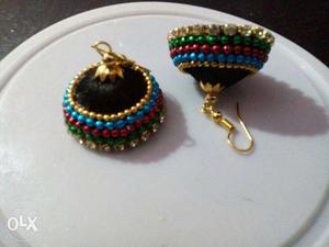 Pair Of Gold, Blue, Red, And Green Beaded Dangling Earrings