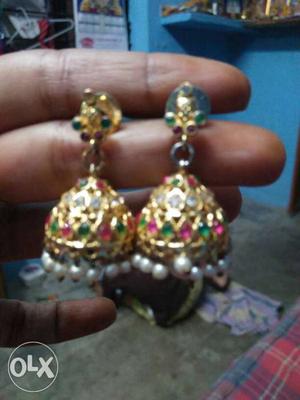 Pair Of Gold Pink And Green Earrings