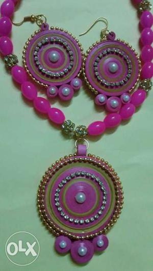 Pink Beaded Necklace And Pair Of Earrings