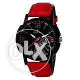 Red & Black Round Genuine Leather Strap Wrist Watch (475Gb)