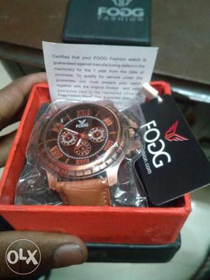 Round Black And Orange Fodg Chronograph Watch In Box