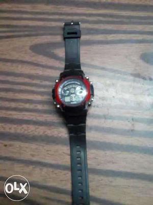 Round Black And Red Digital Watch With Black Strap