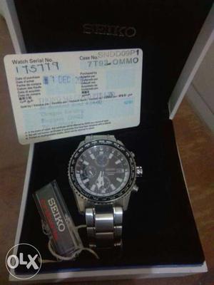 Round Black Seiko Chronograph Watch With Link Strap And Box