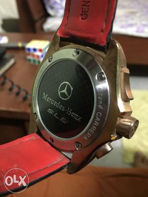Round Face Silver Mercedes Benz Sls Watch With Red Leather