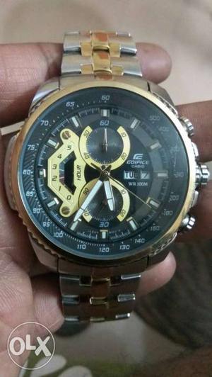 Round Gold And Silver Skeleton Watch With Link Band