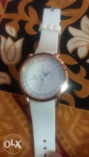Round Rose Gold White Strap Chronograph Watch