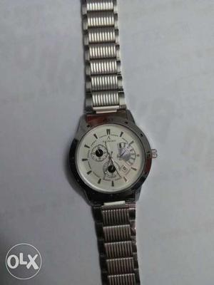 Round Silver Chronograph Watch With Silver Link Bracelet