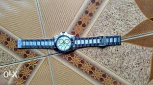 Silver Round Chronograph Watch With Link Strap