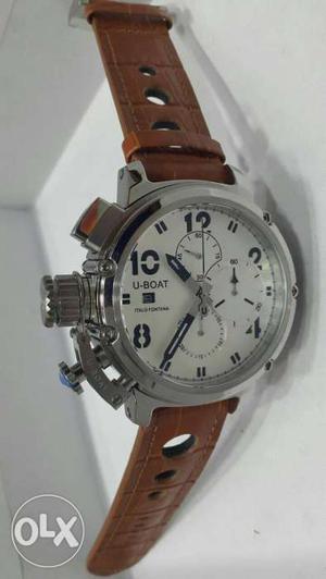 Silver U-boat Chronograph Watch With Brown Leather Band