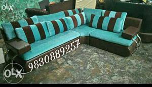 Teal-and-gray Striped Sofa Set