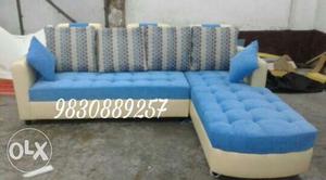 Tufted Blue And White Sectional Sofa
