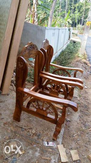 Two Brown Wooden Armchair Frame