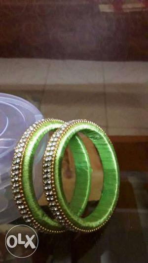 Two Green Silk With Diamond Embellished Bangles