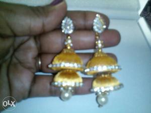 Two Layered Yellow-and-silver Jhumka Earrings